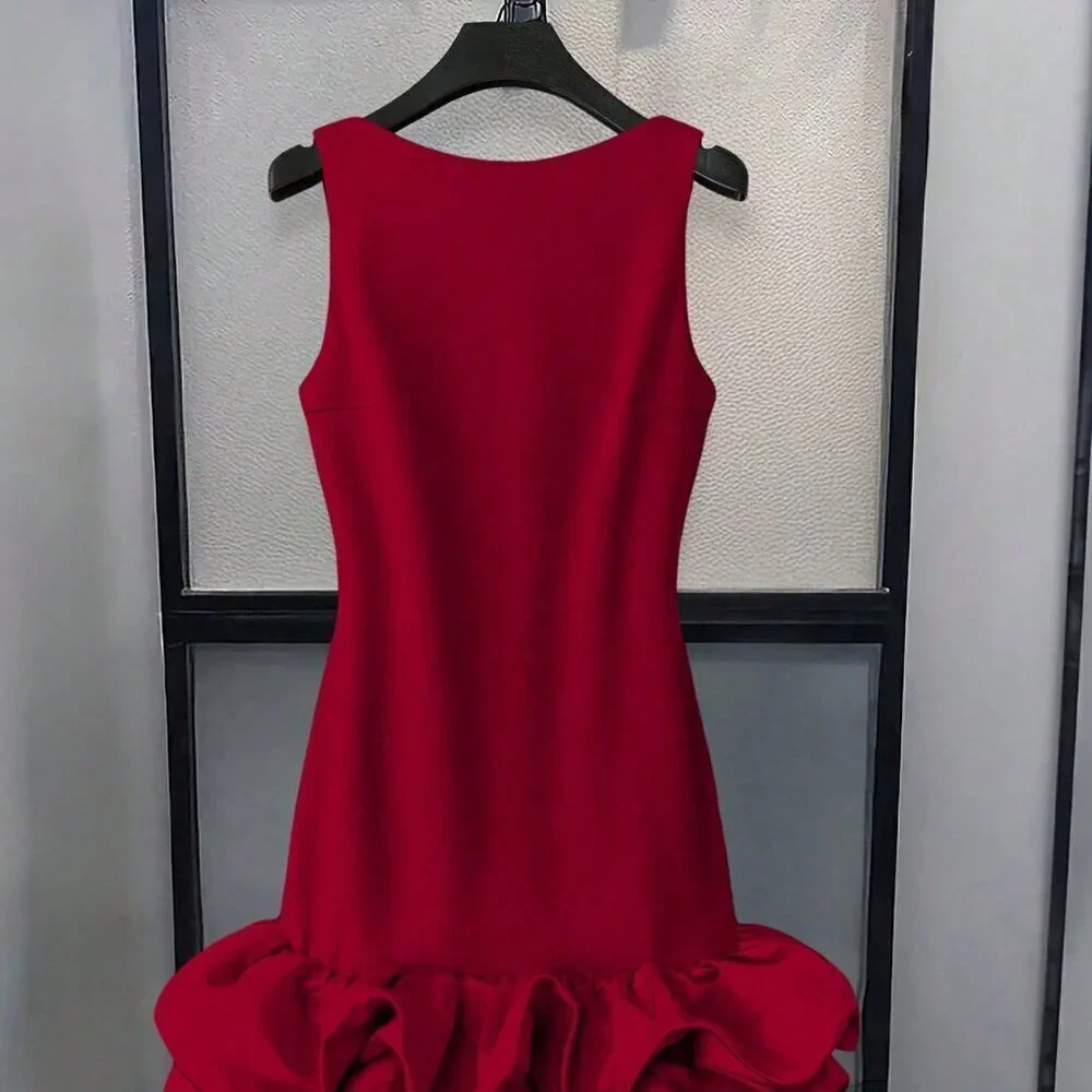 Burgundy Casual Women's Crew Neck Sleeveless Ruffled Hem Elegant Mini Dress